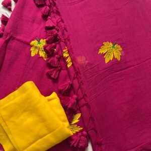 Mul cotton Leaf Embroidery Saree